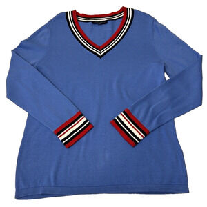 TOMMY HILFIGER Women V-Neck Sweater Sz L Blue Cotton Pullover Casual Preppy